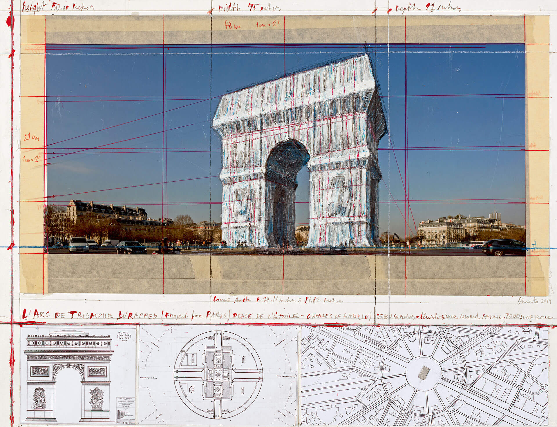 Die Collage „L’Arc de Triomphe, Wrapped (Project for Paris) Place de l’Étoile – Charles de Gaulle“ aus der Sammlung Würth, Inv. 18.389 bietet einen Ausblick auf das ultimative Projekt Christos, der im Mai 2020 verstarb. Sein Team wird die Verhüllung des Triumphbogens 2021 realisieren.